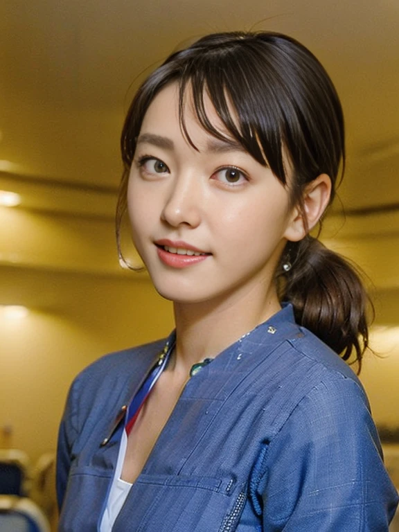 (Masterpiece, Best quality:1.4), (Ultra realistic, Photo-realistic:1.2), Natural light, 25 years old actress, Japanese women, Neat and clean, (cabincrew uniform:1.1), (unbutton:1.3), (ponytail:1.2), Light brown hair color, (Beautiful Face), Oval face, clear, (Beautiful eyes, Kind eyes), (Clear skin), Small face, (Small mouth, Beautiful mouth), Natural makeup, Approachable, Luxury hotel Suite room, On bed, (nsfw:1.3), Seductive smile, (Seductive pose:1.4), (Beautiful thighs:1.2), Bedroom eyes,