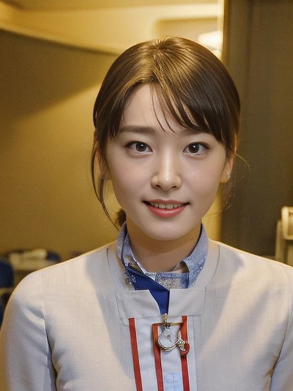 (Masterpiece, Best quality:1.4), (Ultra realistic, Photo-realistic:1.2), Natural light, 25 years old actress, Japanese women, Neat and clean, (cabincrew uniform:1.1), (unbutton:1.3), (ponytail:1.2), Light brown hair color, (Beautiful Face), Oval face, clear, (Beautiful eyes, Kind eyes), (Clear skin), Small face, (Small mouth, Beautiful mouth), Natural makeup, Approachable, Luxury hotel Suite room, On bed, (nsfw:1.3), Seductive smile, (Seductive pose:1.4), (Beautiful thighs:1.2), Bedroom eyes,