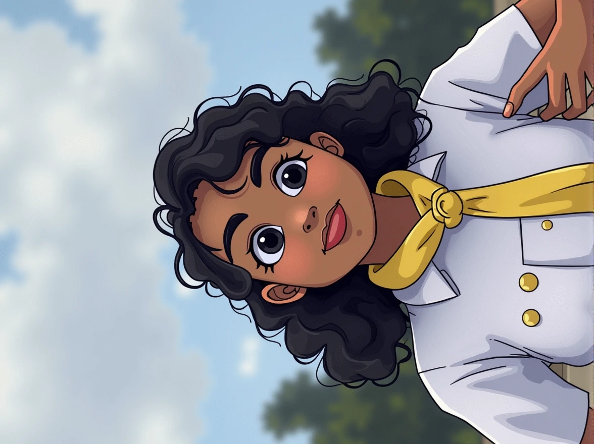 Cartoon character of a 21 year old girl, black, medium curly hair, eyes black, round nose, Oval face,  dressed in a Pathfinder uniform with a yellow scarf around her neck