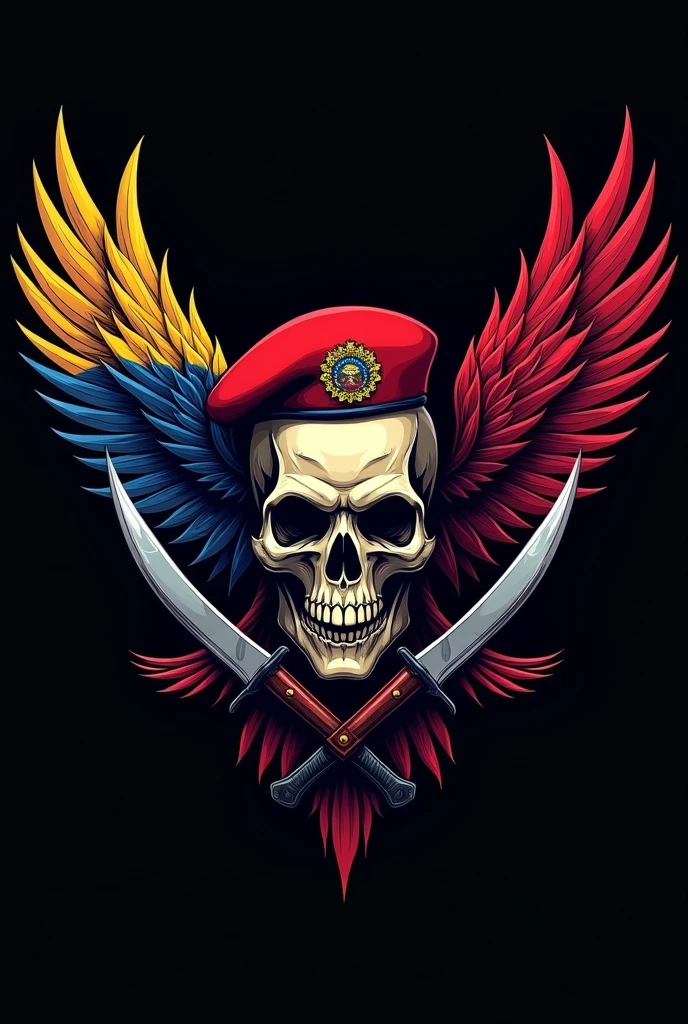 Army logo with a skull with a red beret with wings in the colors of Venezuela and two knives with the points pointing down