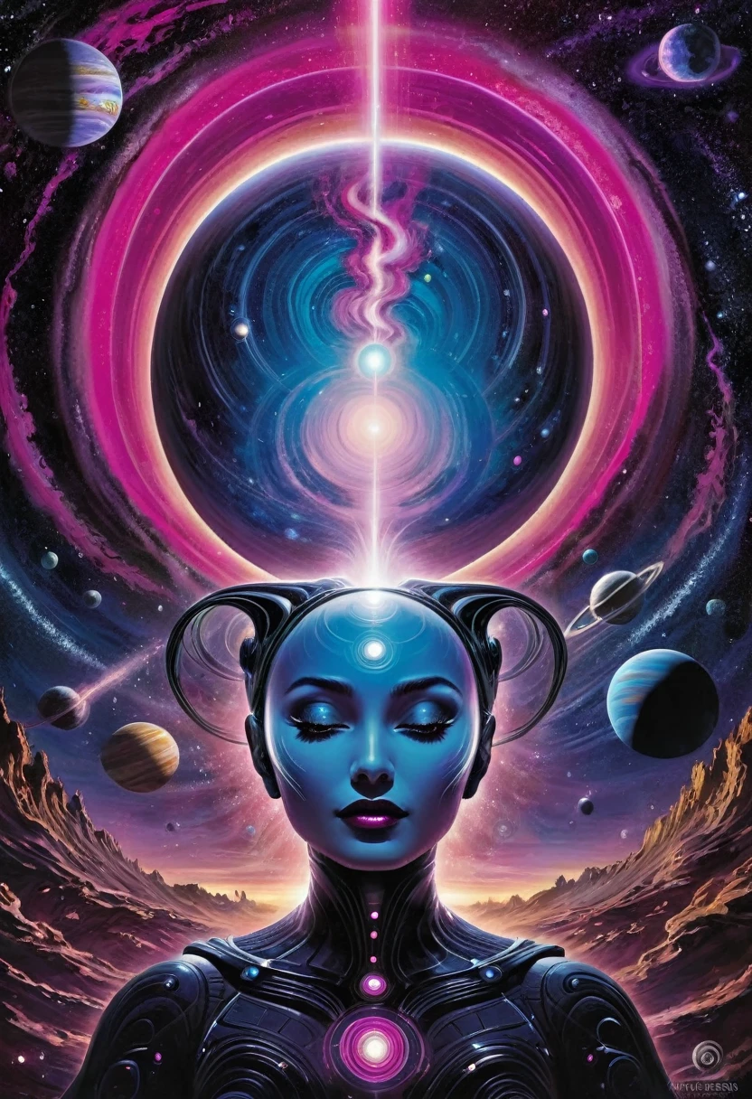 Across the void, where planets collide
She finds her rhythm, with the Veliomous beside
Magenta echoes, in the twilight zone
Interstellar wonders, in this world unknown
