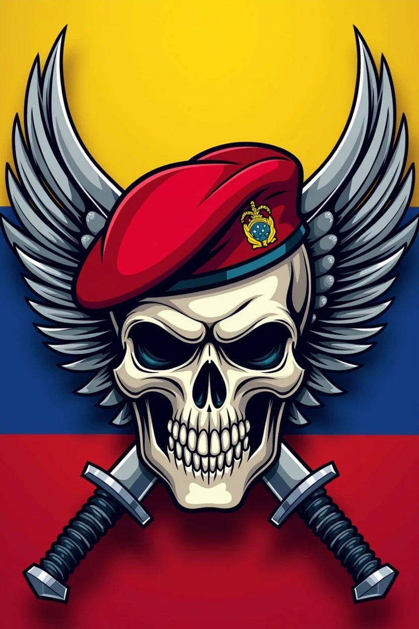 Army logo with a skull with a red beret with wings in the colors of Venezuela and two knives with the points pointing down