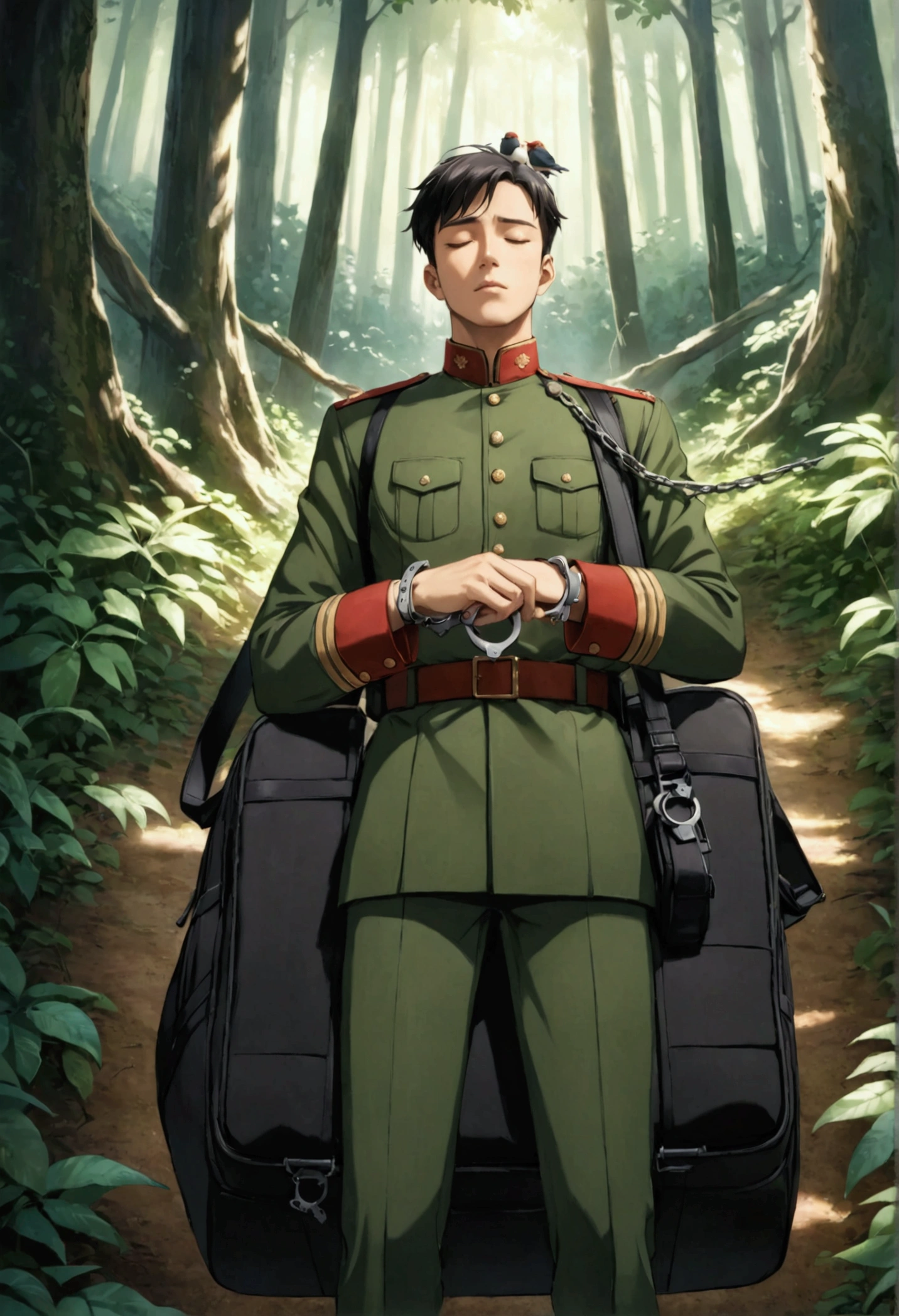 Man in green military uniform、Black bag on head、handcuffs　、in the forest、Are sleeping、anime、