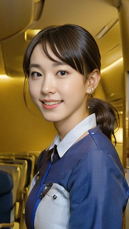 (Masterpiece, Best quality:1.4), (Ultra realistic, Photo-realistic:1.2), Natural light, 25 years old actress, Japanese women, Neat and clean, (cabincrew uniform:1.1), (unbutton:1.3), (ponytail:1.2), Light brown hair color, (Beautiful Face), Oval face, clear, (Beautiful eyes, Kind eyes), (Clear skin), Small face, (Small mouth, Beautiful mouth), Natural makeup, Approachable, Luxury hotel Suite room, On bed, (nsfw:1.3), Seductive smile, (Seductive pose:1.4), (Beautiful thighs:1.2), Bedroom eyes,