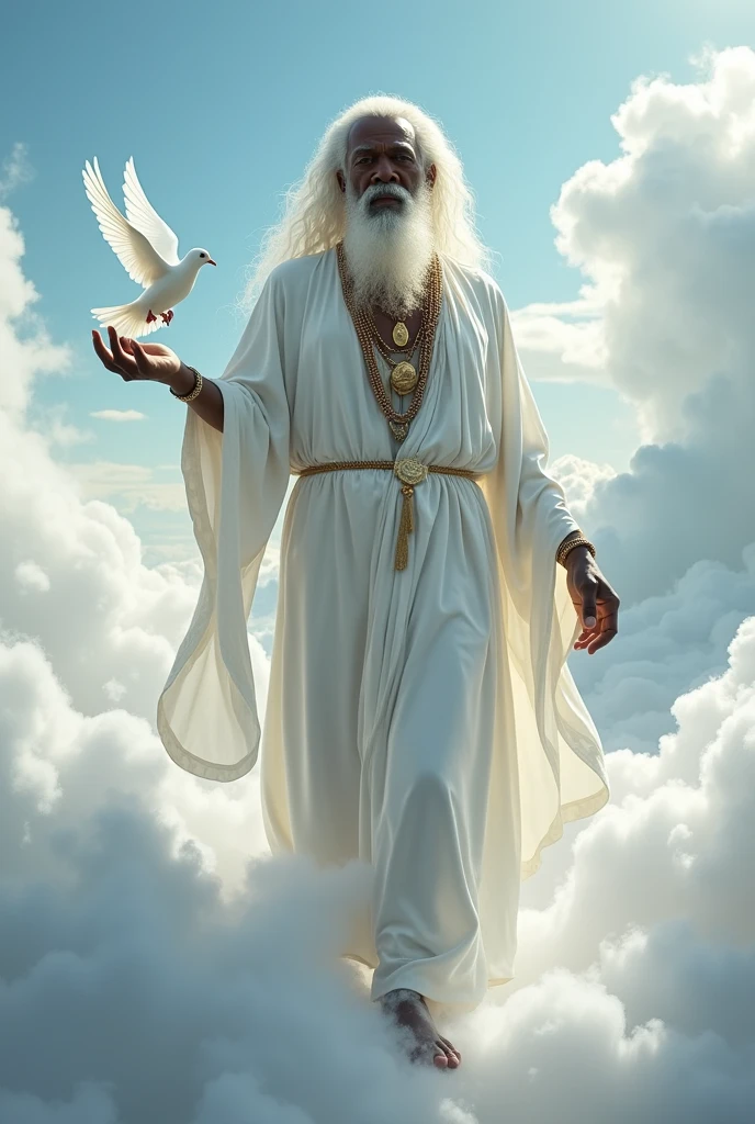 Orisha Black Man, elder, white bearded, Walking on clouds, White tunic, white necklaces, holding a white dove in his hand