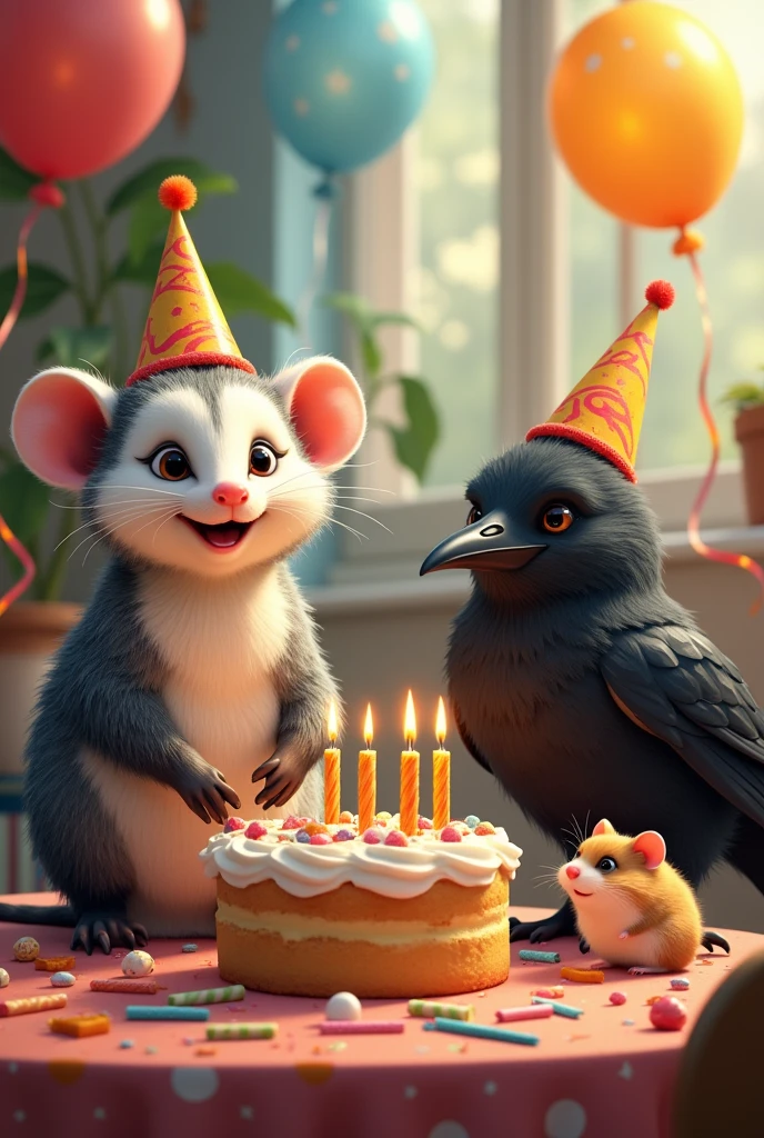 A possum and a crow and a hamster at a birthday party