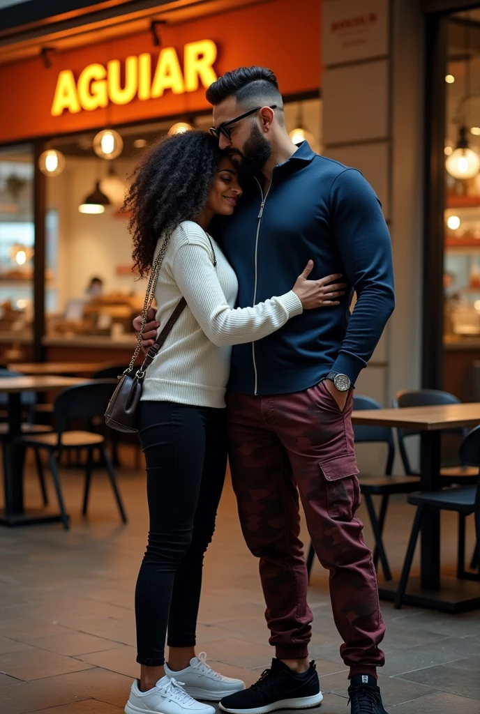 A slightly brown white man with a dark blue, tight-fitting zippered shirt and wine-colored army camouflage pants and black sneakers has a beard and glasses hugging a black woman with long curly hair pulled back and wearing a white sweater, black pants and white sneakers and they are in front of a bakery called Aguiar and it has an orange logo and the tables and chairs are dark., It's night and another detail: the girl has a shoulder bag and the straps are chains and the bag is small, and the man is not so muscular, he is thin and has his hair combed to the side