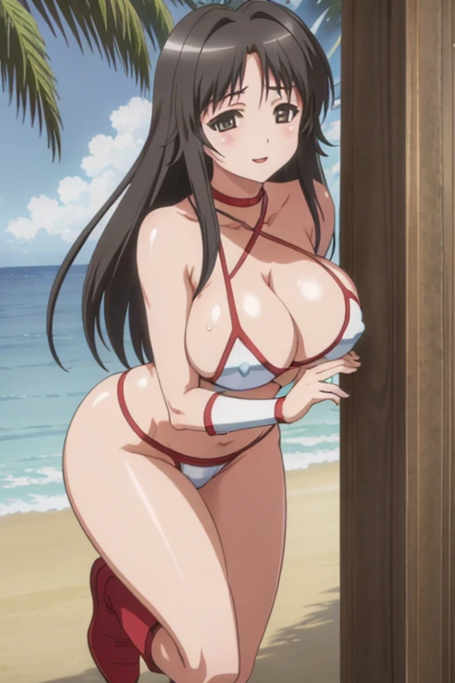 masterpiece, best quality, beautiful art, high resolution, well formed hands, body and fingers, 1 woman, solo, Chizuru Minamoto, 31 years old, full body picture, grown up, adult, large and rounded ed, cleava ornament, wearing a Tyris Flare outfit , white_bikini, full body, sexy and skimpbikini, gorgeous hips, legs and thighs bouncing breasts, red booting seductively and erotically, turning backnd forwards, bikini thong, shaking her body alluringly, smiling joyfully, looking at the viewer, sweating , flirting, beach environment
