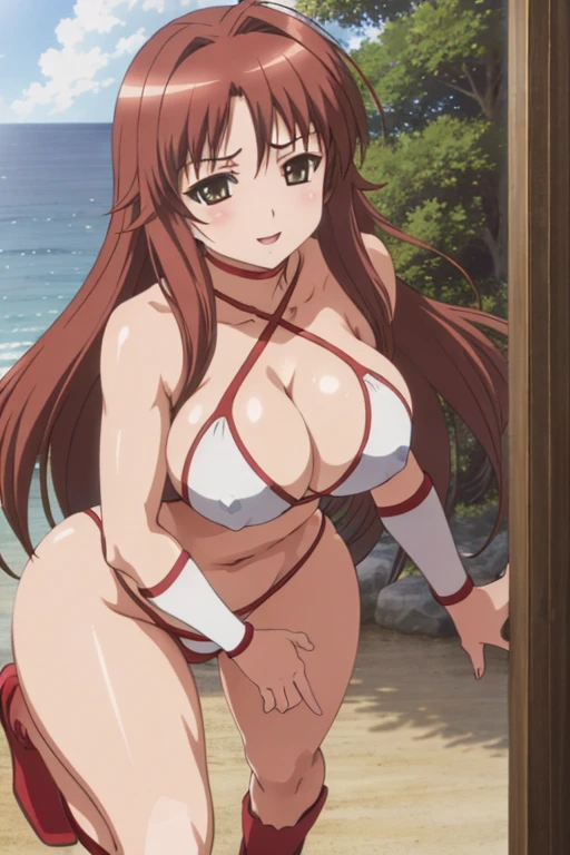 masterpiece, best quality, beautiful art, high resolution, well formed hands, body and fingers, 1 woman, solo, Chizuru Minamoto, 31 years old, full body picture, grown up, adult, large and rounded breasted, cleavage, hair ornament, wearing a Tyris Flare outfit ,  white_bikini, full body, sexy and skimpy  bikini, gorgeous  hips, legs and thighs bouncing breasts, red boots, dancing seductively and erotically, turning backwards and forwards, bikini thong, shaking her body alluringly, smiling joyfully, looking at the viewer, sweating , flirting, beach environment 