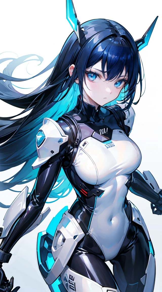 white solid background，stand at attention，ID photo，Black patent leather bodysuit，Long navy blue hair，blue eyes，stand at attention站好，ID photo，Game CG，Stand still，Sand Sculpture，Gentle girlfriend