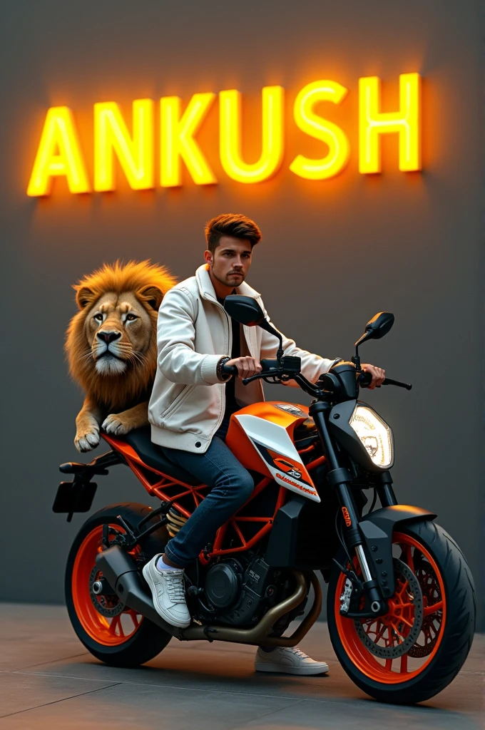 Create a 3D illusion for a profile picture where a 25 Year old cute boy in a white jacket Sitting casually on a Red KTM DUKE bike . With a rifle on hand. And a ferocious lion by my side. Wearing sneakers, he looks ahead. The background features “ankush” in big and capital yellow neon light fonts on the dark grey wall. There should not be his shadow, 