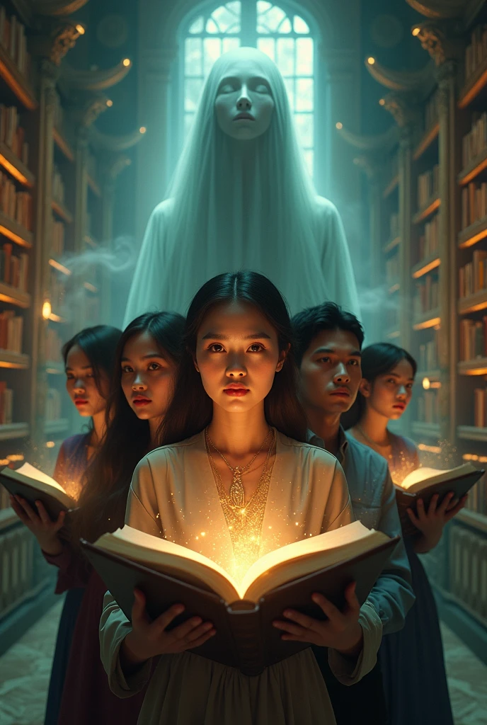 Image, 24k, 3d, epic, movie posters, 2 woman and 2 man bring book, 20yo, indonesia face, with background beautiful ghost lady, library,