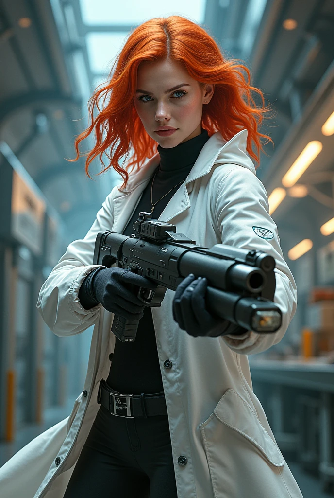 Draw a redheaded woman. She is a chemist who uses a plasma cannon