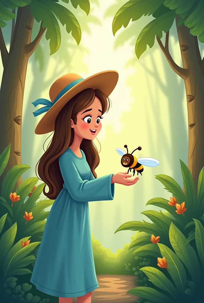 the cartoon with long brown hair, round brown hat with blue ribon and long blue dress at the middle jungle. There is a bee with broken wings besides her that need help