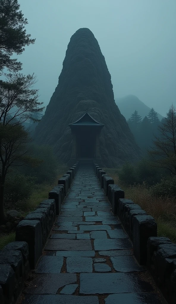 A somber image of the 'Ear Mound' (Mimizuka) in Kyoto, with a dark and reflective atmosphere, representing the grim aspect of Hideyoshi’s military campaigns