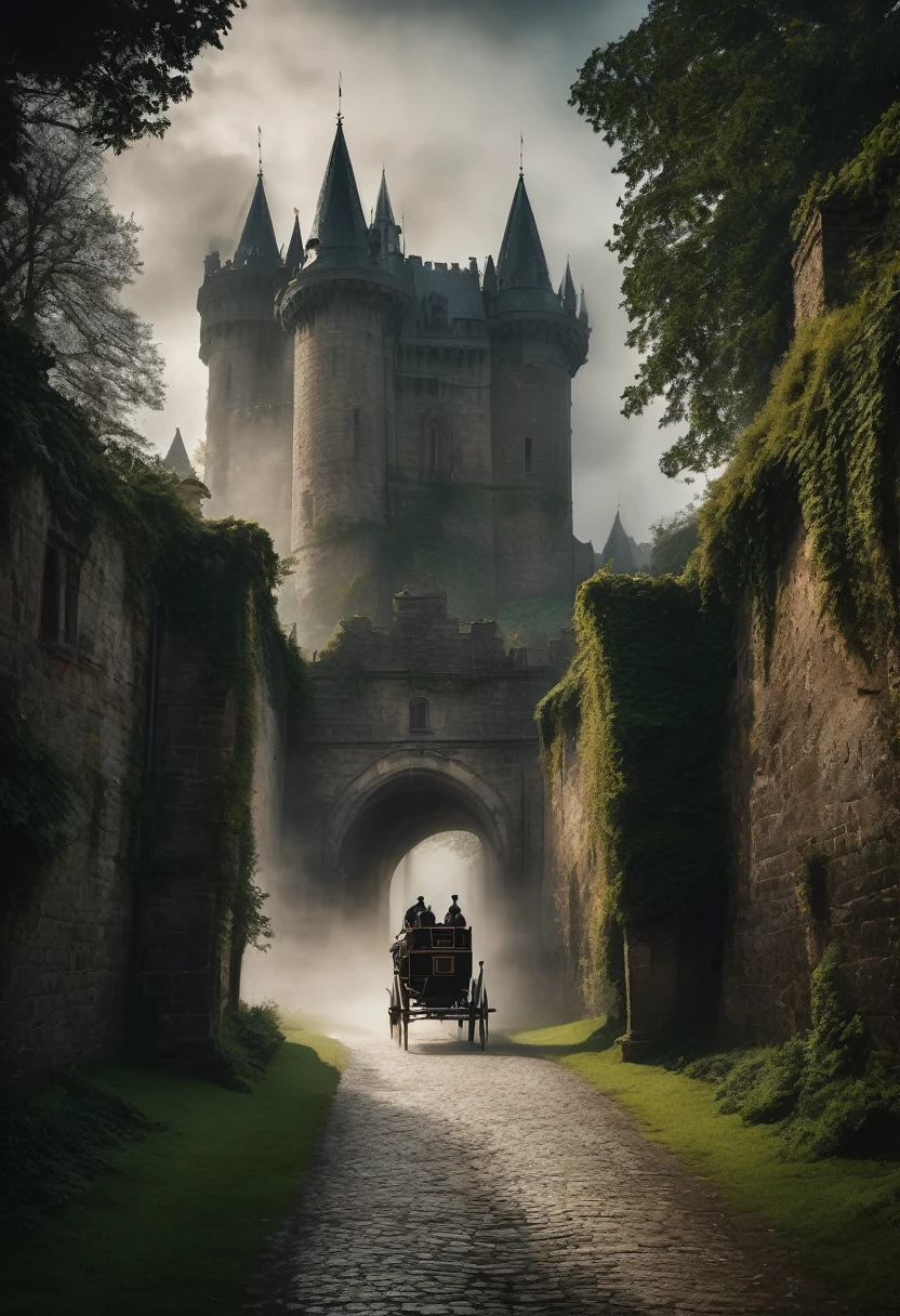 A dark and gloomy ancient castle, horse-drawn carriage approaching the castle, atmospheric fog, moody lighting, cinematic composition, dramatic shadows, intricate architectural details, weathered stone walls, overgrown ivy, mysterious atmosphere, fantasy landscape, painterly style, muted color palette, deep shadows, rich textures, dramatic lighting, photorealistic, masterpiece, 8k, highly detailed