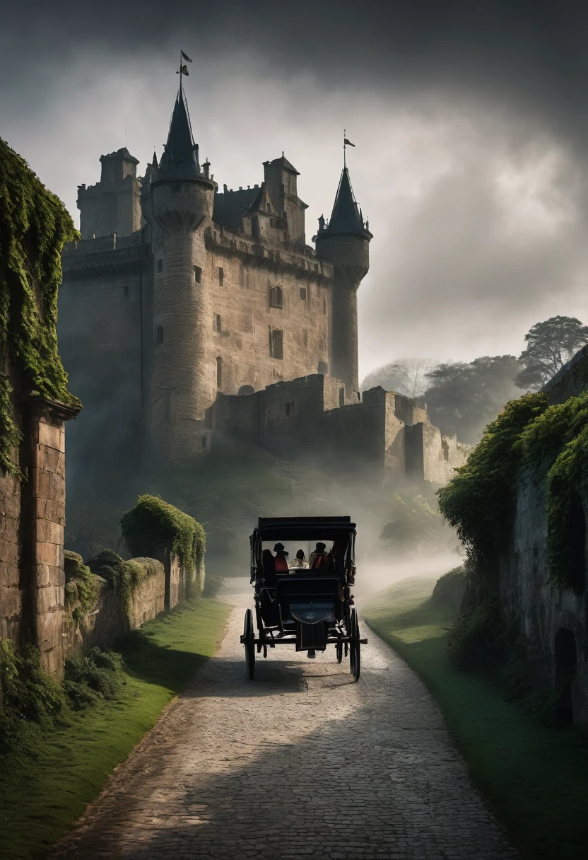 A dark and gloomy ancient castle, horse-drawn carriage approaching the castle, atmospheric fog, moody lighting, cinematic composition, dramatic shadows, intricate architectural details, weathered stone walls, overgrown ivy, mysterious atmosphere, fantasy landscape, painterly style, muted color palette, deep shadows, rich textures, dramatic lighting, photorealistic, masterpiece, 8k, highly detailed