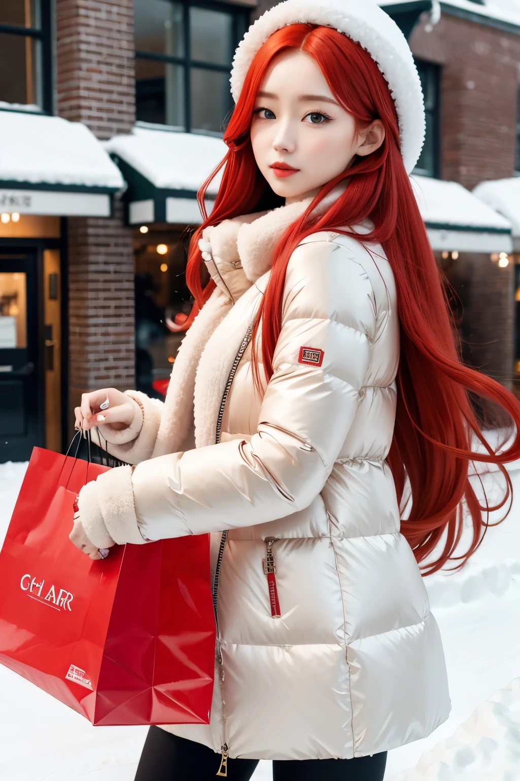 a one woman, long red hair, defined body, Overview, Winter Shopper