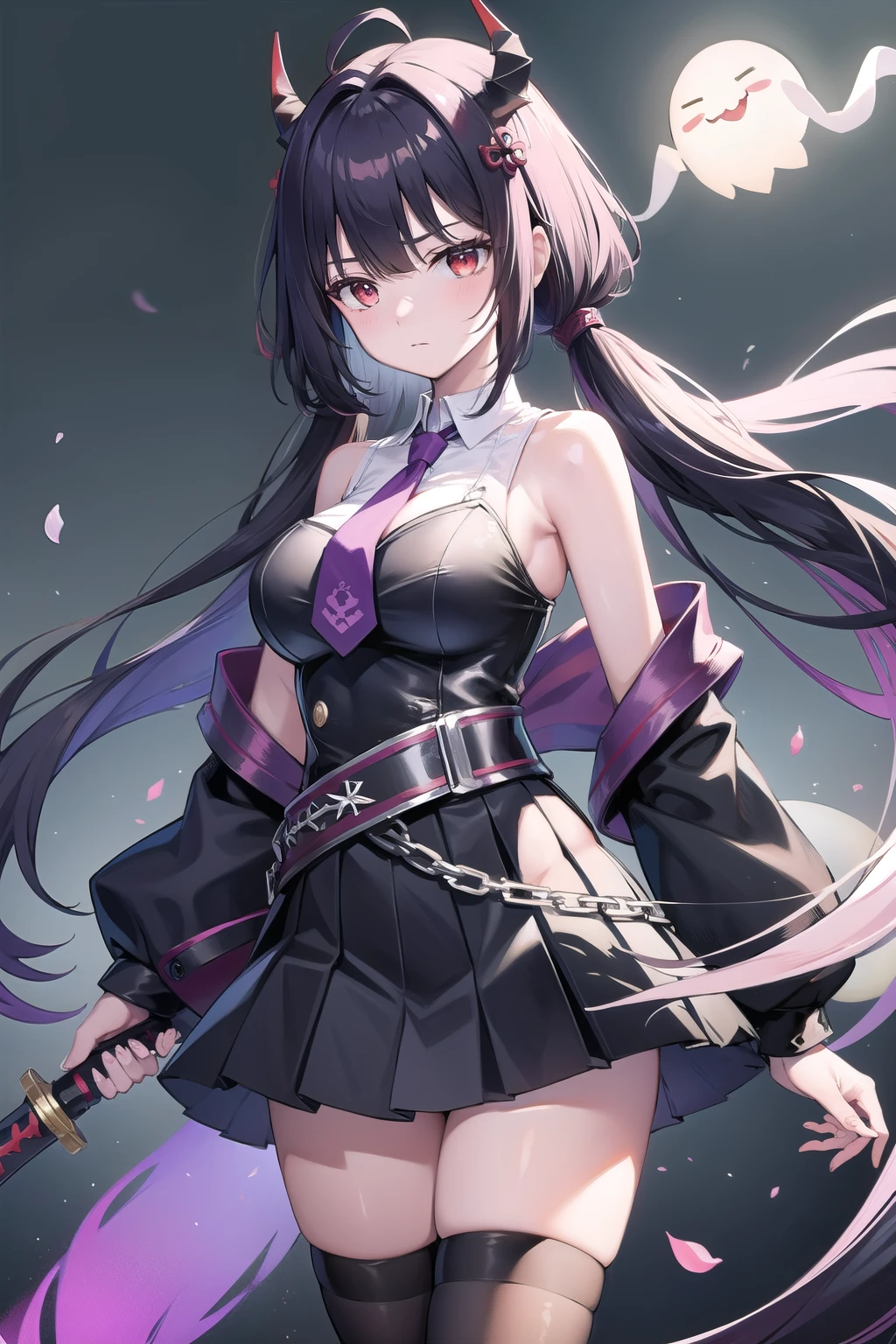 20-year-old、8 heads、Hold your weapon、Cyber Samurai Girl、high school girl、Red eyes、 Black Hair、 Crossed bangs, Hair between the eyebrows、Ahoge、 hair ornaments、Horns growing、ghost、Big Breasts、 Long twin tail hair、 Sleeveless shirt(collar、tie、Away sleeves、Jacket、Belly button、Long、Front opening、Harness Belt)、 黒いPleated skirt(Micro Skirt、Pleated skirt、Low rise、Purple Line、Waist button)、紫色のtie(長いtie、tieピン)、Knee-high socks(Thigh、Absolute area)、armor、Armor、Knight Armor、Swords
