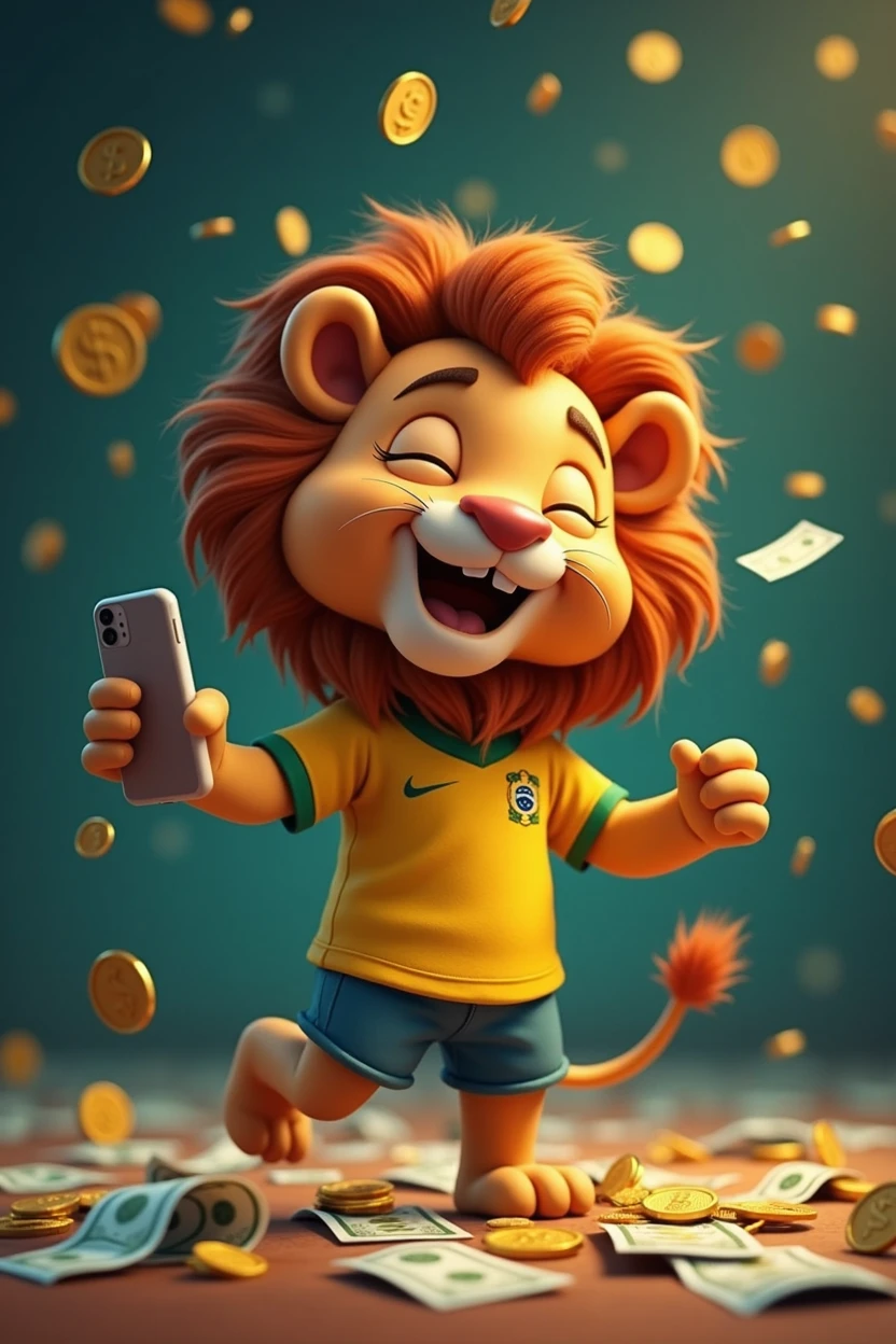 segurando cellular, with cell phone in hand, happy little lion, rain of money falling little lion with big mane, Pixar Lion, animation style, earning coins, notes on the floor, little lion jumping, happy little lion, little lion with brazilian shirt, Brazilian jersey, extremely happy little lion, even happier, coins falling big coins, small coins, rain of money, digital background, cyberspace cryptocurrency fund, integrated circuits, cellular, cellulares smarth phone na mão, com smarth phone,