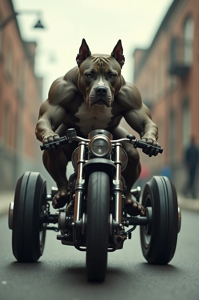 A pitbull riding a drift trike