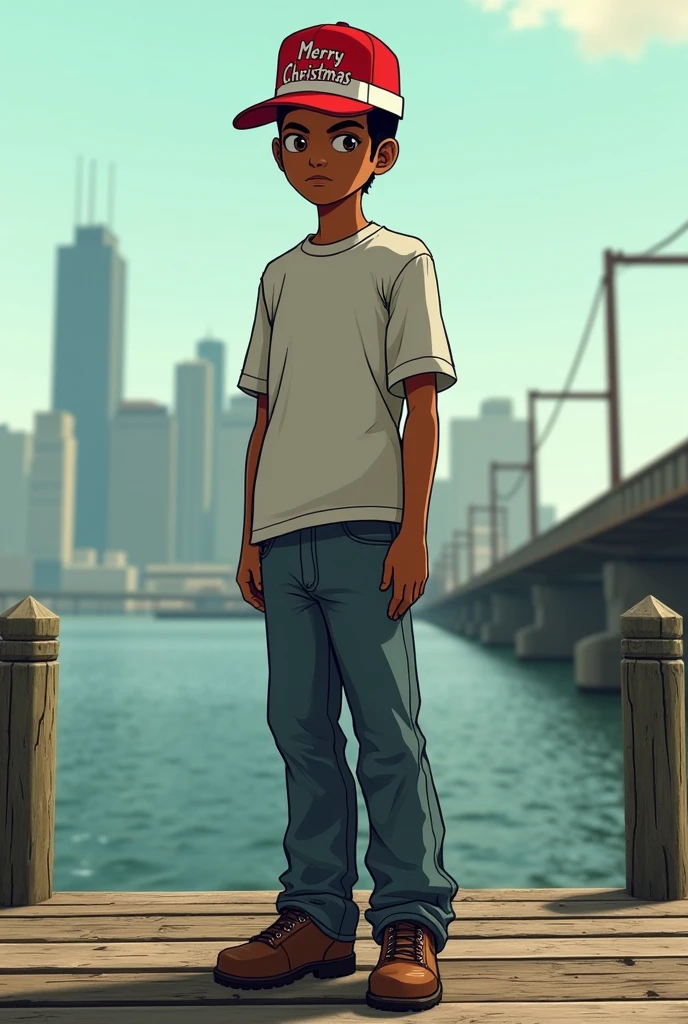 I want a GTA Sanandreas Samp character on the pier wearing a hat that says Merry Christmas