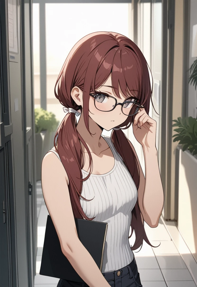 (masterpiece, best quality), stoic, adjusting glasses, holding book, beautiful face, upper body, close up, Gray eyes, dark red hair, swept bangs, low twin tails, white ribbons, glasses, ribbed white tank top, small breasts, shadows, college campus, steps, hallway, shadows, lockers, tiled floor, people in background, potted plants,
