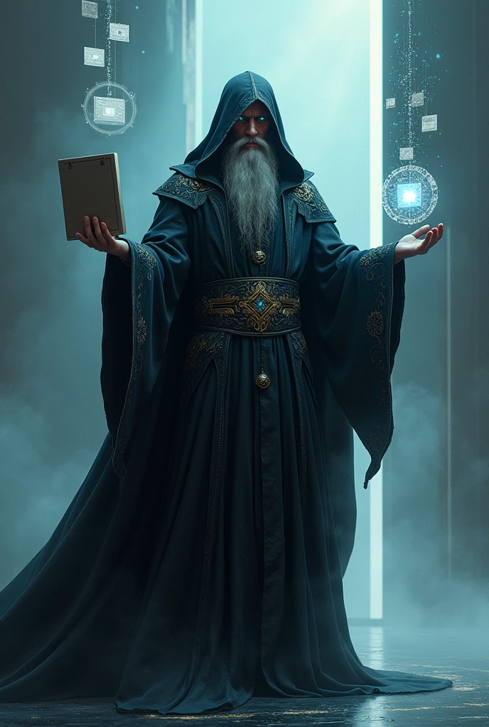 dark wizard, of the digital age, magic coming out of your eyes, folders with files floating in one of his hands, and in the other a staff with a shining magic stone.