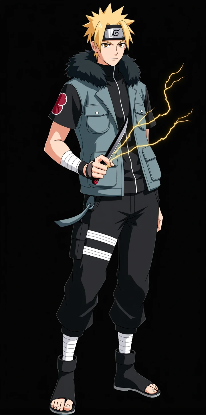 Whole body, masculine, Naruto Style, short blonde hair, blue jacket, black bandages on his arms, attractive, brown slanted eyes, hood with black polar fur, bandana tied on bicep, kunai in hand, lightning coming out of his hand, anime, 4k, White background