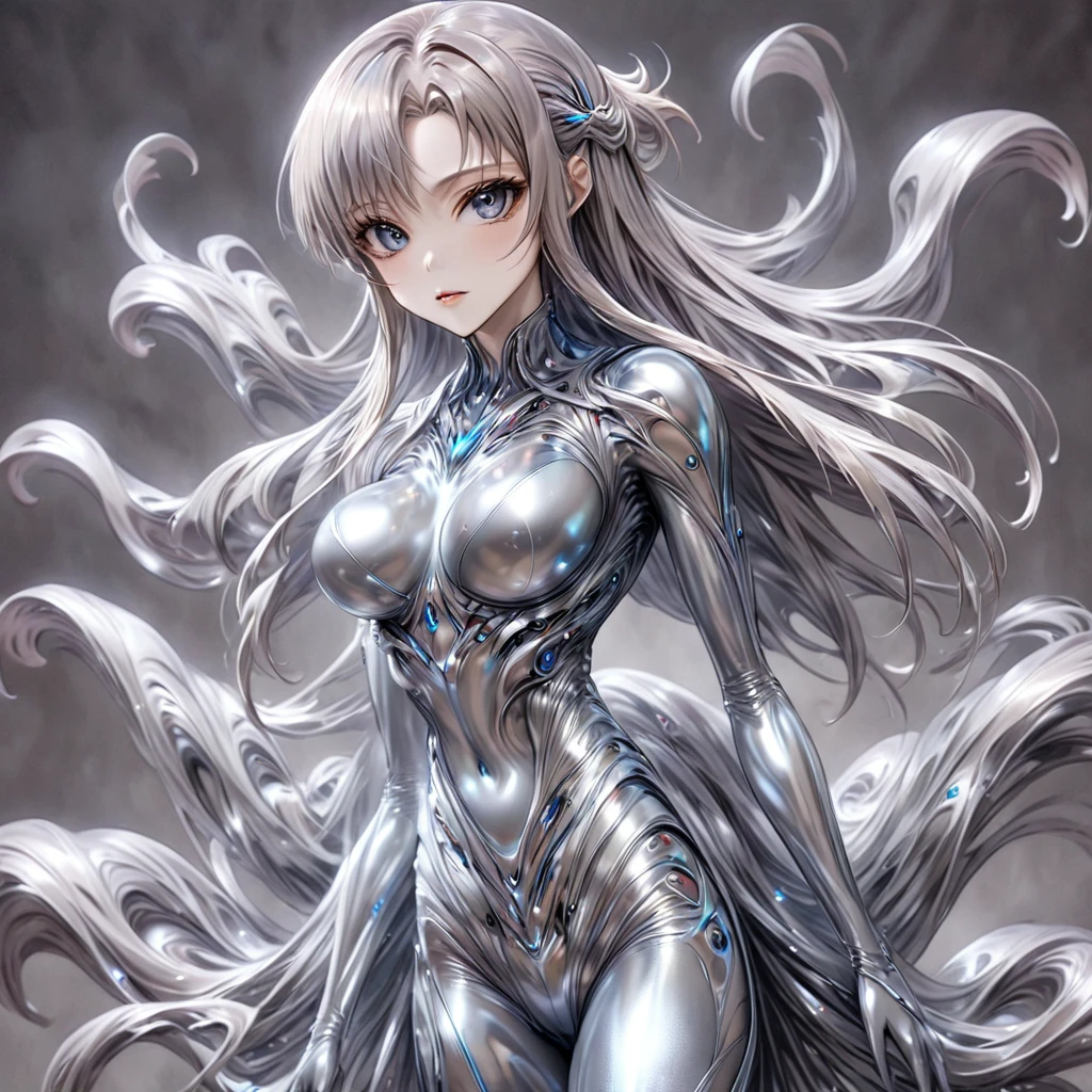 ((Highest quality)), ((masterpiece)), (detailed), （Perfect Face）、The woman is Yuuki Asuna, a completely metallic lifeform with metallic silver skin, a metallic silver face, and metallic silver hair in medium-long layers.、The woman is a metallic lifeform whose entire body and face are made of metal.