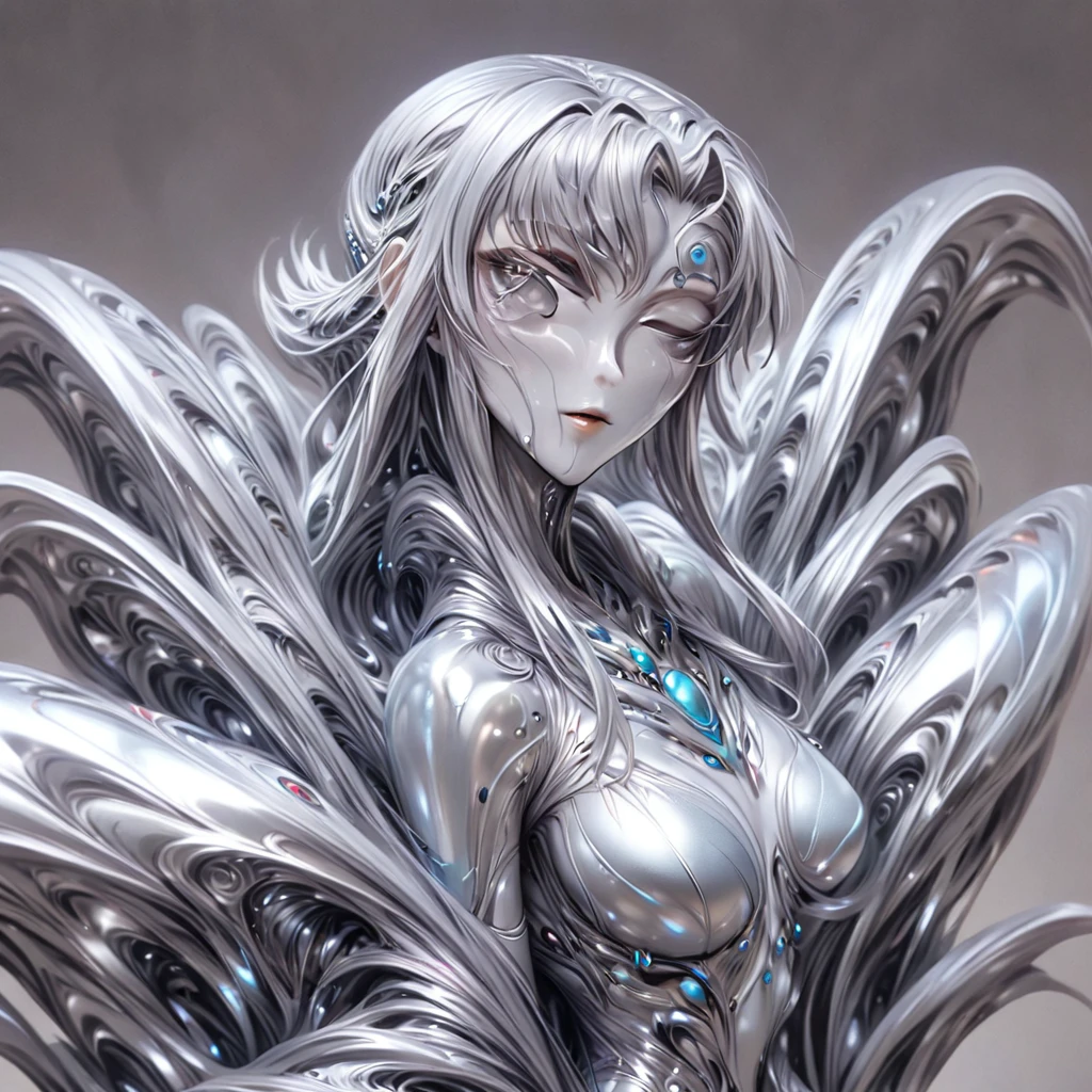 ((Highest quality)), ((masterpiece)), (detailed), （Perfect Face）、The woman is Yuuki Asuna, a completely metallic lifeform with metallic silver skin, a metallic silver face, and metallic silver hair in medium-long layers.、The woman is a metallic lifeform whose entire body and face are made of metal.