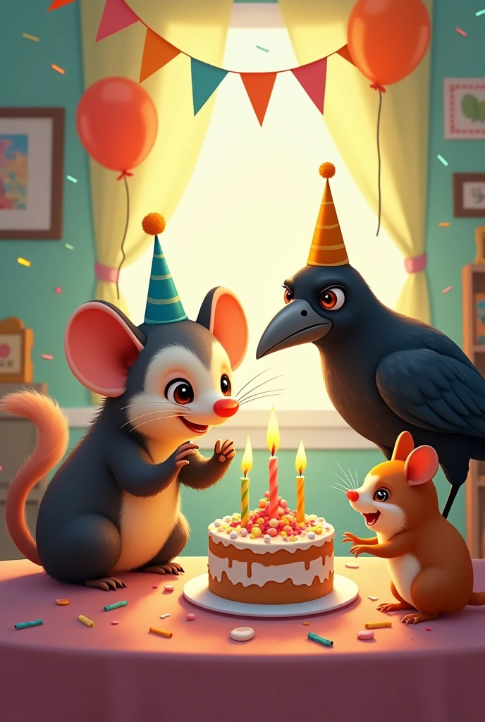 A possum and a crow and a hamster at a birthday party