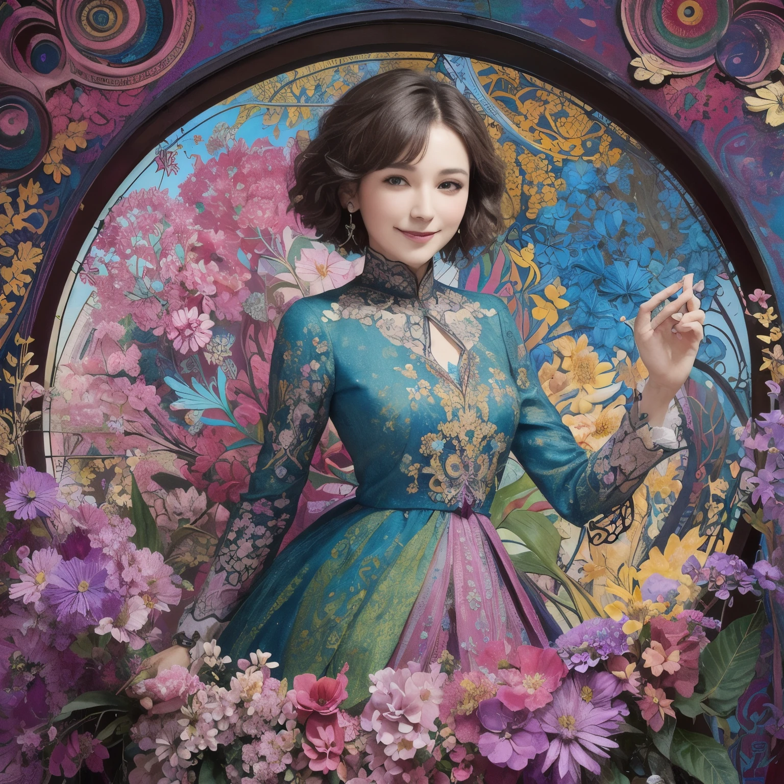 271 (20-year-old woman,short hair), (masterpiece, Highest quality, beautiful:1.2), Very detailed, (Fractal Art:1.1), (colorful:1.1), (flower:1.3), whole body, (Abstract background:1.3), (Many colors:1.4), (Old-fashioned smile), (window)