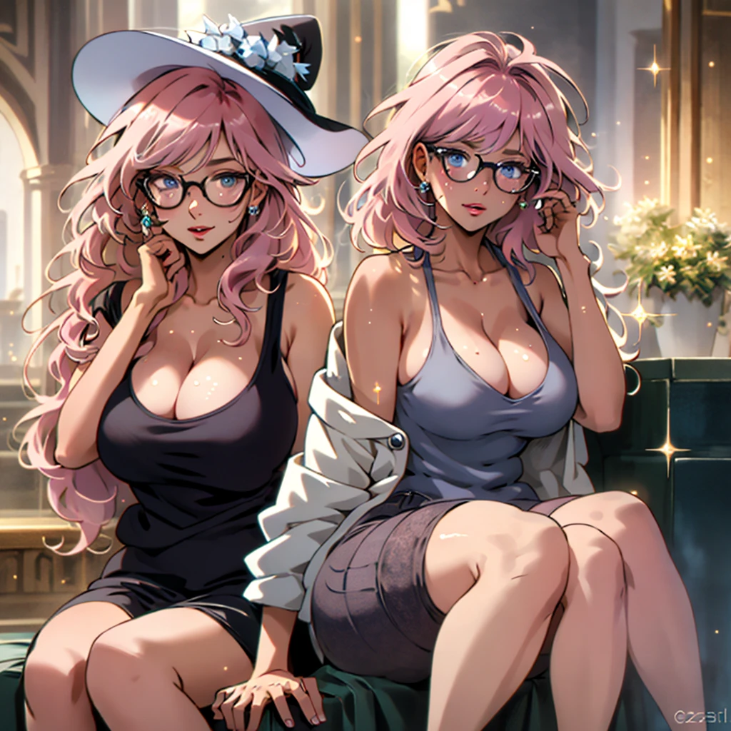 short beautiful adult women, chubby, tan skin, blue eyes, freckles, short pixie cut hair, messy hair, pink hair, big round glasses, (shiny tan skin), cute, jacket falling off, skirt, leggings, heels, open cleavage tank top, visible cleavage, freckles on chest, beauty marks on body,