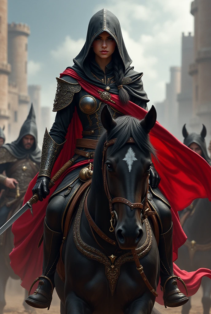 Fanart of the female Assassin outfit from the Tibia video game created by Cipsoft with the colors black and red, without cape, riding the war horse, in a battle of wizards with SD in hand