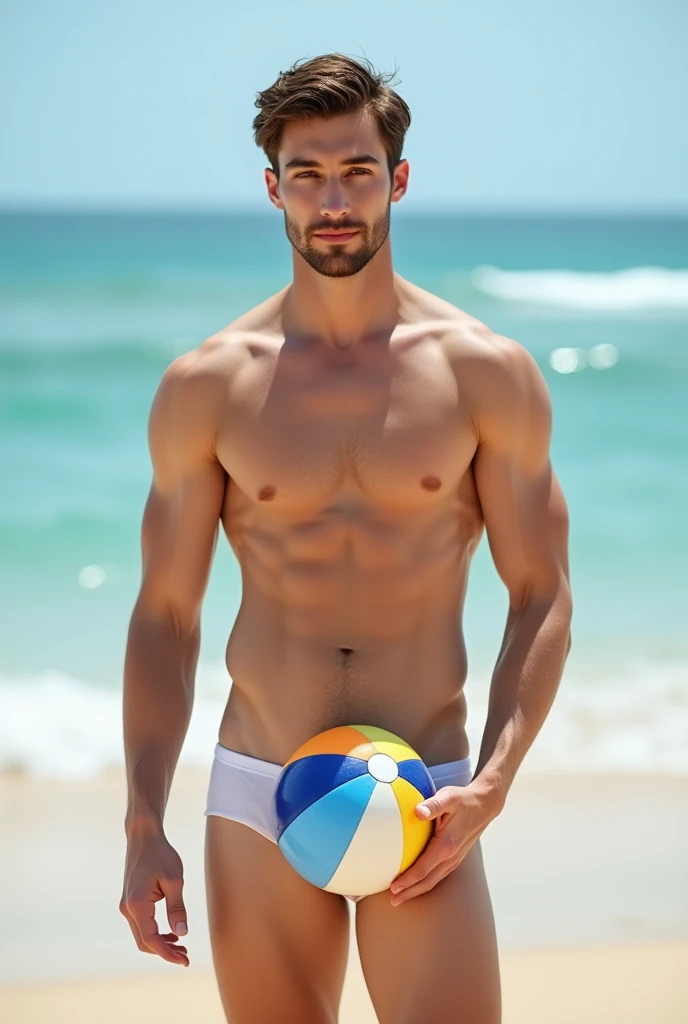 A young cute handsome beautiful face white skinny shirtless naked man stands on a beach, holding a beach ball in his groin, with a gentle wave lamented, The two fingers touch her hair. He looks directly into the camera with a confident expression on his skinny white physique, highlighted by the light blue ocean lighting behind him and the warm sand, which contribute to a relaxed and sensual atmosphere..The composition and lighting draw attention to her sculptural body., emphasized his strong and athletic build.The overall impression is of handsome youth and masculinity..