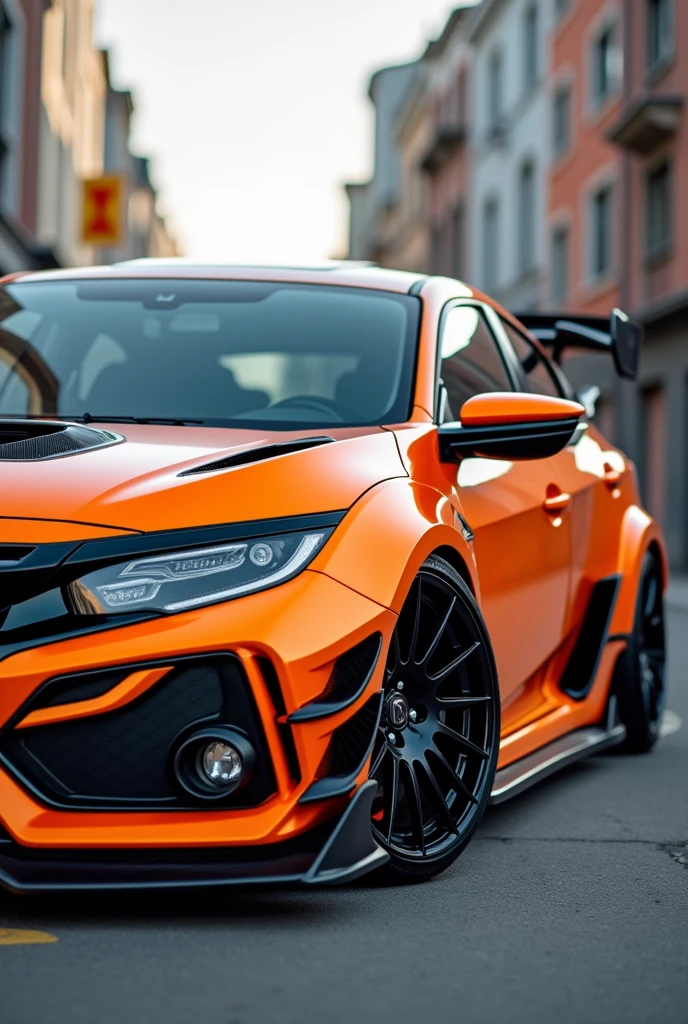 Create a 2020 Civic with an orange body kit with black wheels and a large spoiler 

