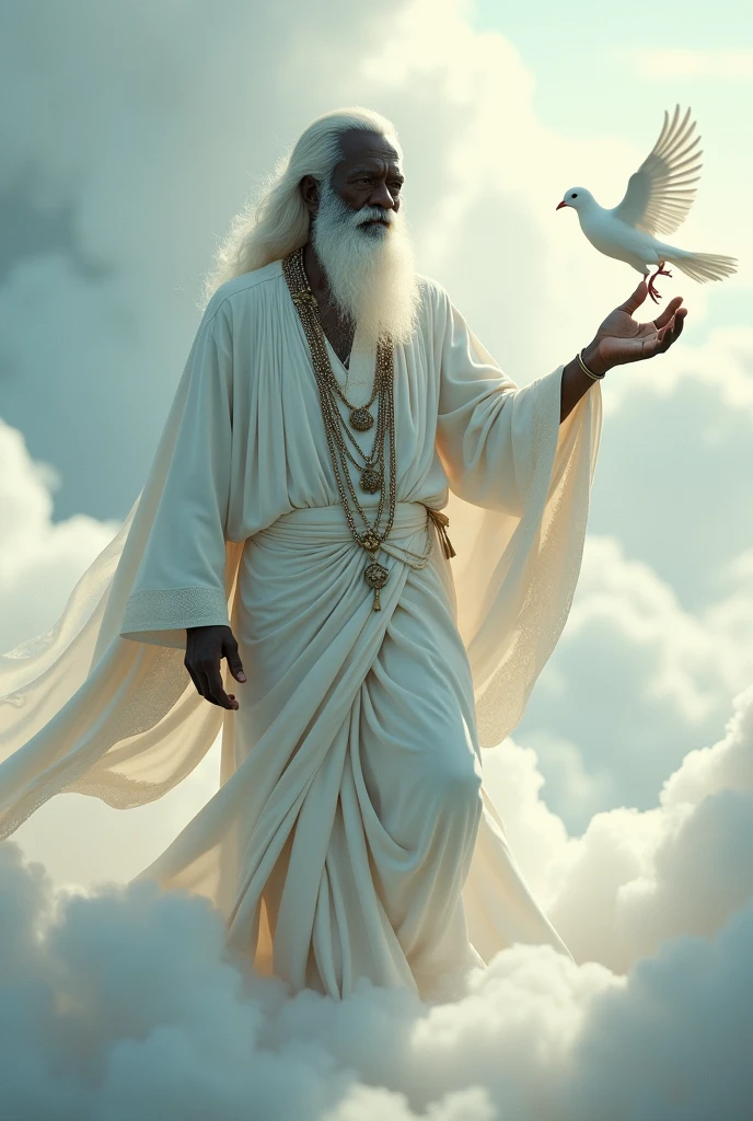 Orisha Black Man, elder, white bearded, Walking on clouds, White tunic, white necklaces, holding a white dove in his hand