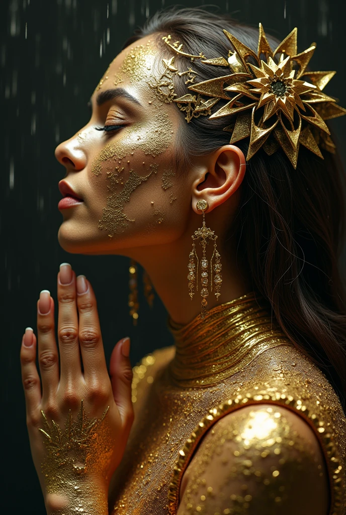 I am the rain that sees the most beautiful woman and touches her whole body giving her hope and faith. , The message I want to give is that there is hope, we just have to look for it., very royal style, detailed 24k unique piece uses the composition triangles details of his entire body details in his hands