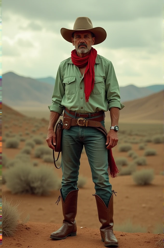 A gaucho with brown bombacha boots in petroleum green and a pastel green shirt with a red gaucho scarf