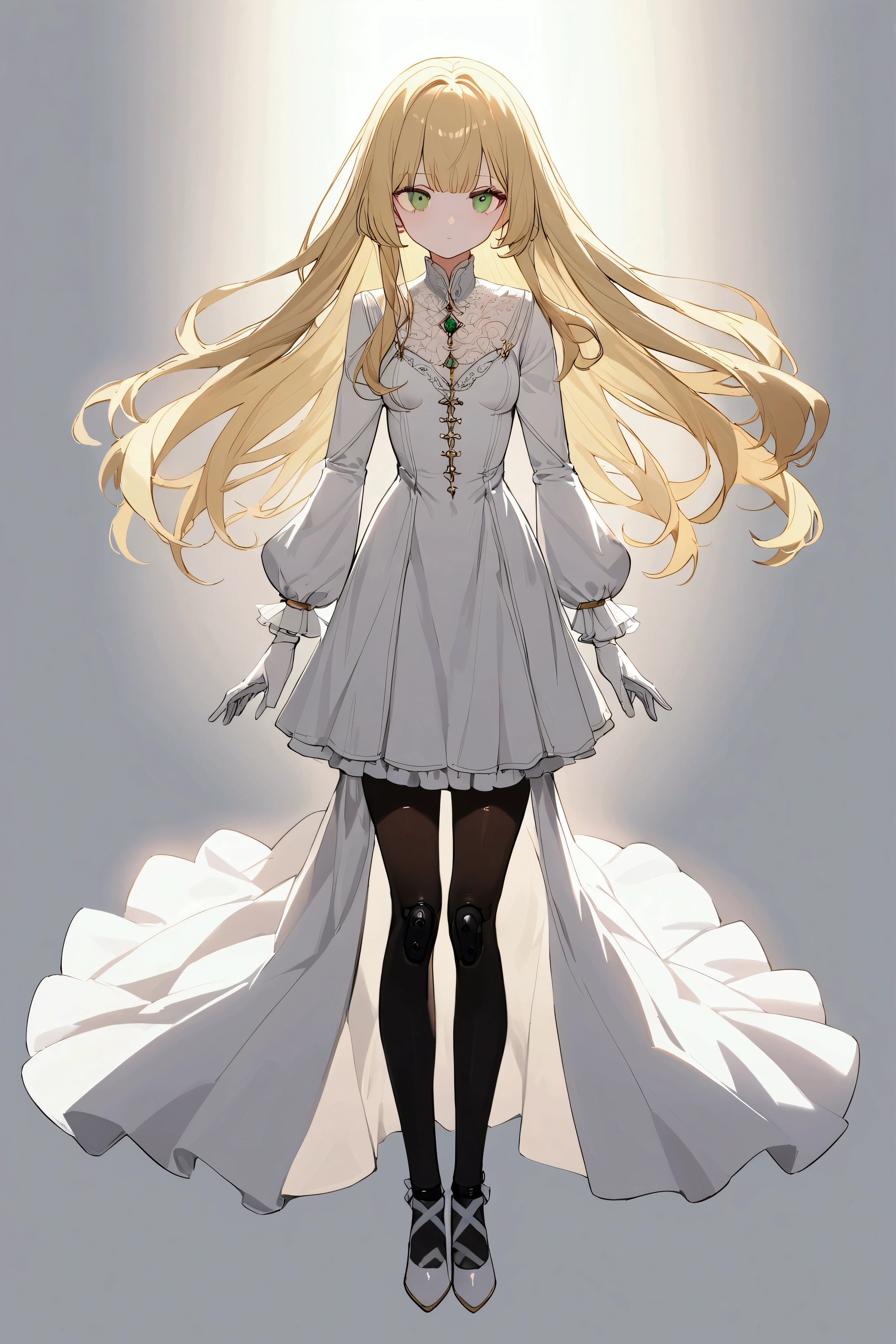 1 woman, alone, white dress, long sleeves ,long hair, blond hair, Green eye, looking at viewer, whole body, small breasts, expressionless, black stockings, White shoes, Ball joints, white gloves