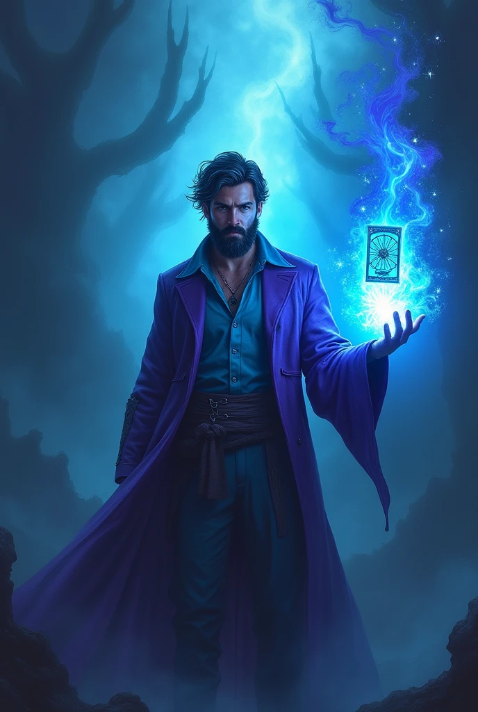 A young bearded man with a tarot card dressed in blue and purple, Facing and defeating dark forces and beings. He stands with his right hand raised forward with a blue fire of light.