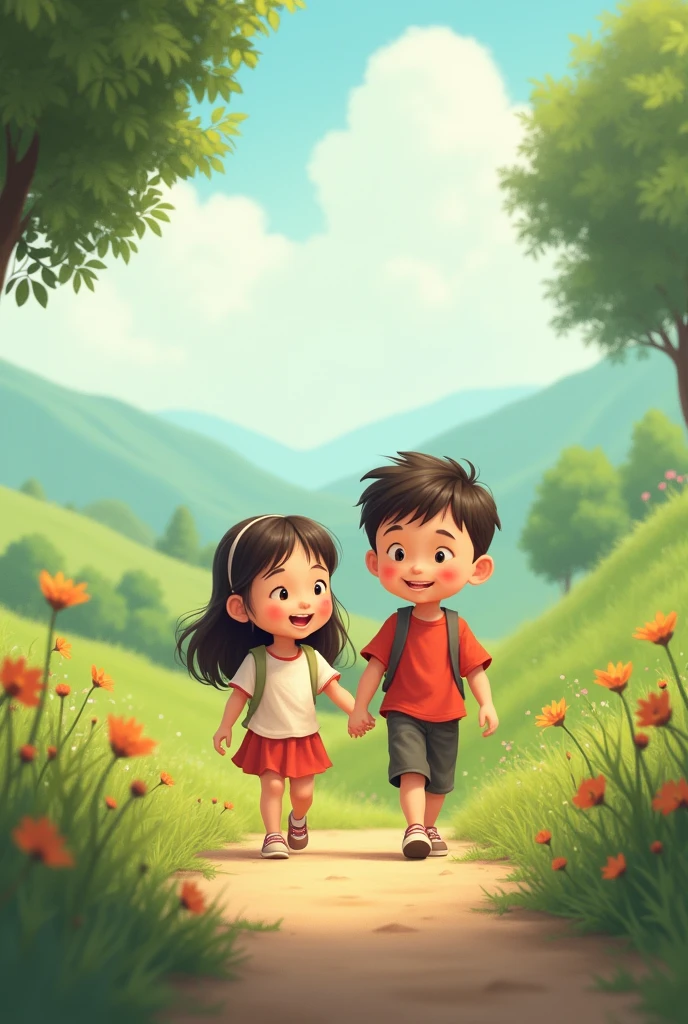 Phones children walking holding hands
