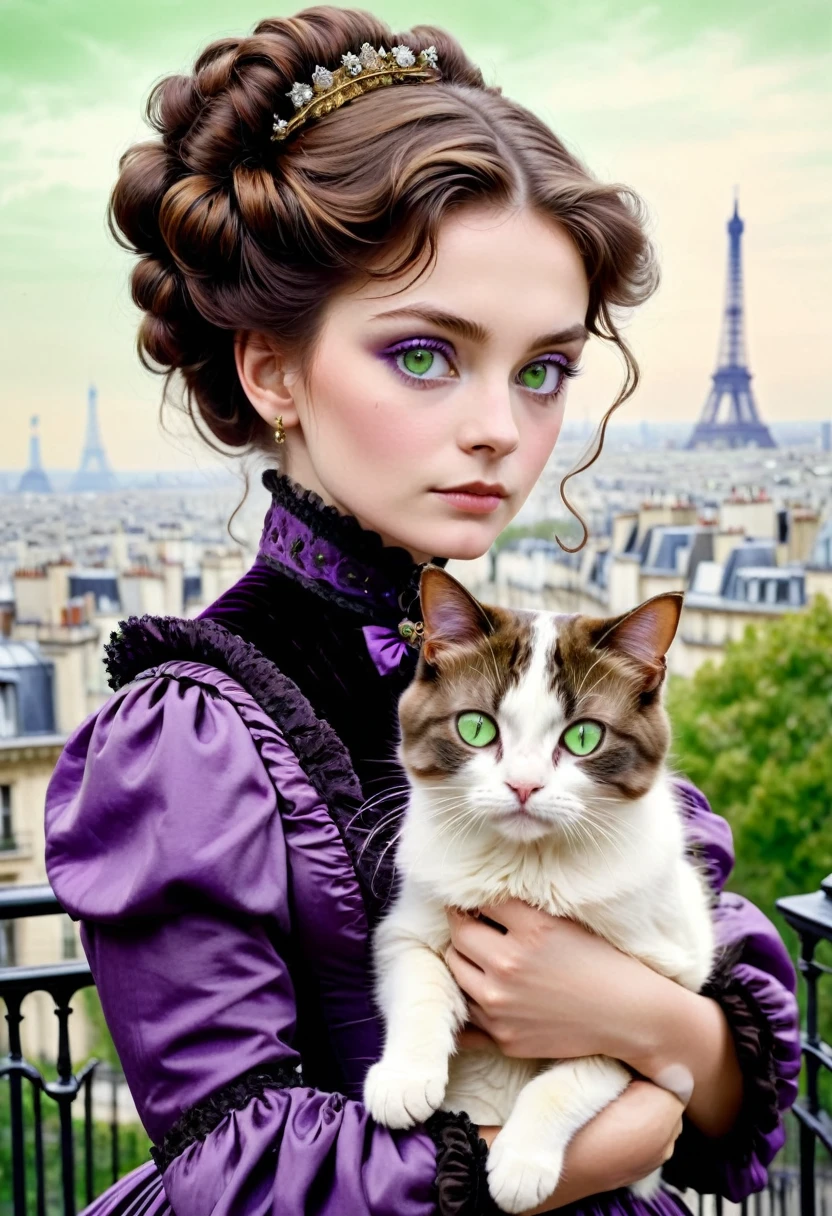 A 20-year-old woman with a hard and cold character, Brown hair updo and locks of hair, purple victorian era dress,green eyes, carrying a cat: black with white, in the background the city of Paris, 1880