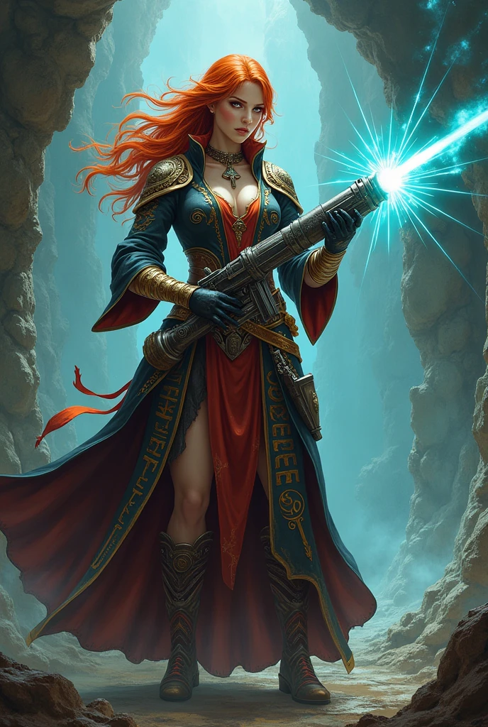 desenhe uma mulher ruiva. She is an alchemist who uses a plasma cannon.. Faça ela como um personagem de d&d