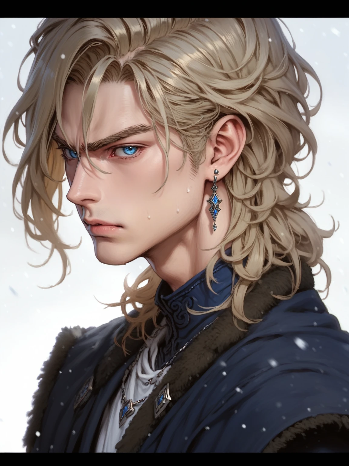 absurdities, High resolution, ultra detailed, HdR, masterpiece, realism, realist, 30 year old adult man, rasgos muy masculines, serious, Extremely detailed face and eyes, semi long straight hair, blond hair, bushy eyebrows, fringe, angry eyebrows, expressive blue eyes, rasgos masculines, detailed eyes, LOOKING AT THE SPECTATOR, 1 man, viking style clothing, masculine, blue clothes con abrigo de piel blanco, snowy background, White skin, viking necklace, blue clothes, white earrings, Wizard's Medallion, tidy hair, Complete plan, beefy chest, realism magico, masculine, men's clothing, vibrant colors, Fotorrealist, 8k, Best Quality, High resolution, cinematic lighting, intricate details, snow background.