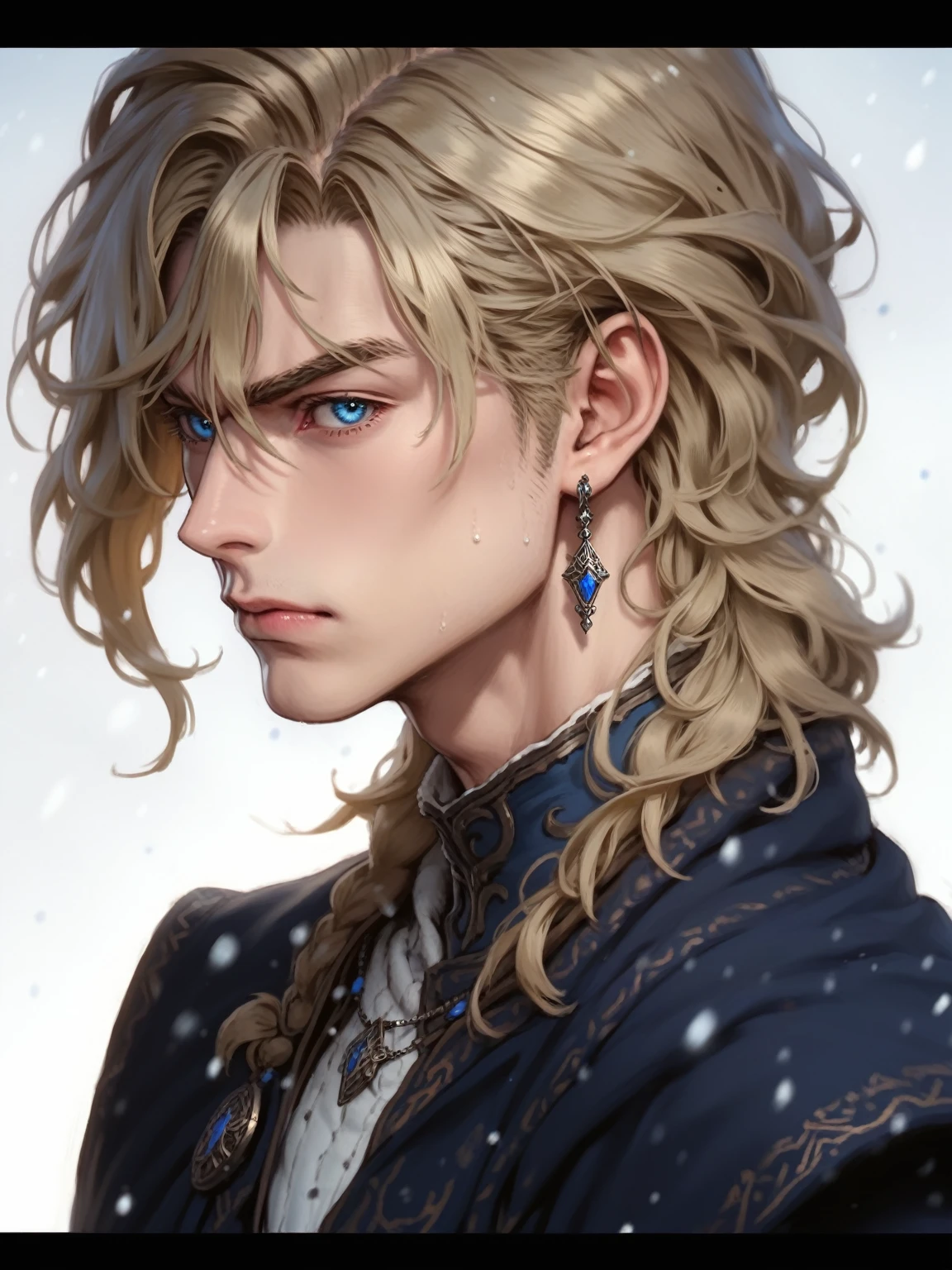absurdities, High resolution, ultra detailed, HdR, masterpiece, realism, realist, 30 year old adult man, rasgos muy masculines, serious, Extremely detailed face and eyes, semi long straight hair, blond hair, bushy eyebrows, fringe, angry eyebrows, expressive blue eyes, rasgos masculines, detailed eyes, LOOKING AT THE SPECTATOR, 1 man, viking style clothing, masculine, blue clothes con abrigo de piel blanco, snowy background, White skin, viking necklace, blue clothes, white earrings, Wizard's Medallion, tidy hair, Complete plan, beefy chest, realism magico, masculine, men's clothing, vibrant colors, Fotorrealist, 8k, Best Quality, High resolution, cinematic lighting, intricate details, snow background.