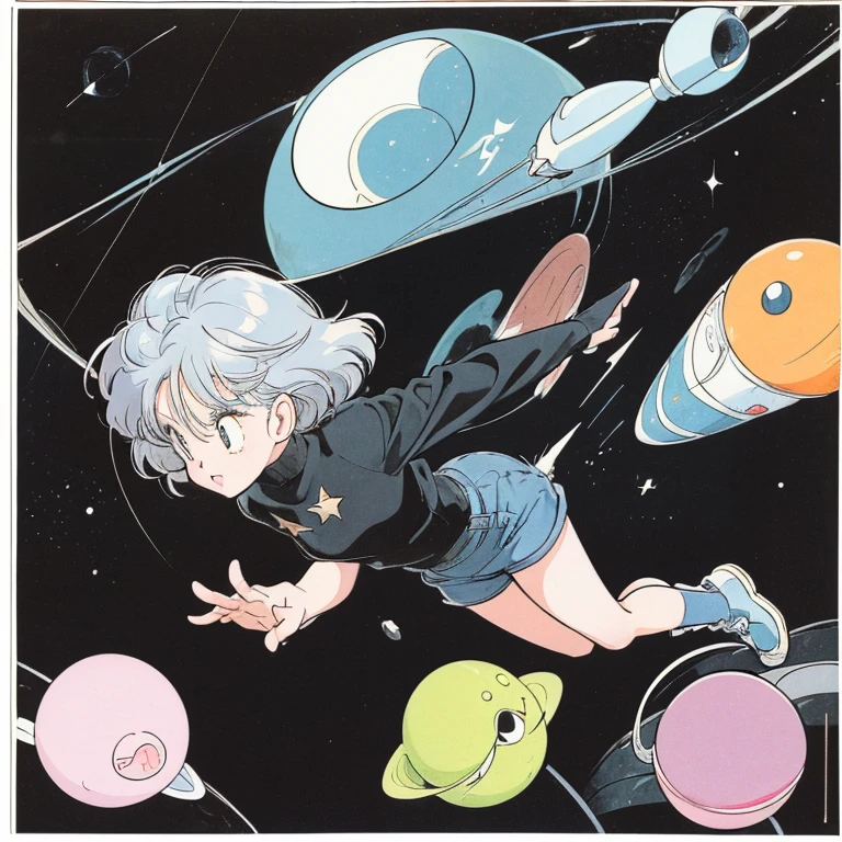 ((a cute girl)),gray hair,medium　short hair,black sweater,full body,flat fill,analogue,1990s,comic,Simple line art,retro anime,many colorful stars,plant,night,space,shooting star,Cute face、(Planetary orbits)、astronomy、mysterious、no gravity、Chrono Trigger,takahashi rumiko