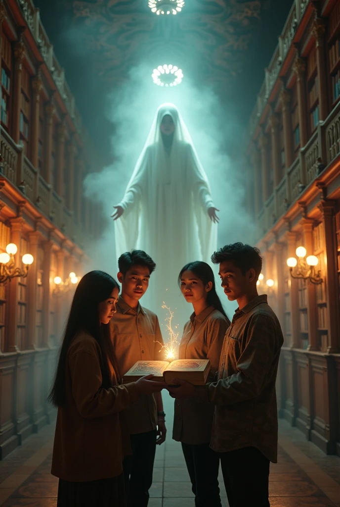 Image, 24k, 3d, epic, movie posters, 2 woman and 2 man bring book, 20yo, indonesia face, with background beautiful ghost lady, library,
