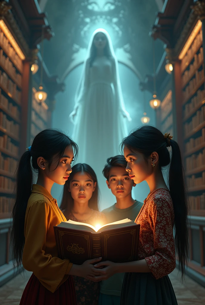 Image, 24k, 3d, epic, movie posters, 2 woman and 2 man bring book, 20yo, indonesia face, with background beautiful ghost lady, library,